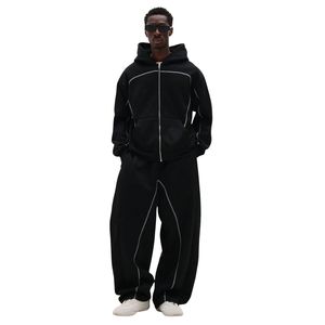 Men's Long Sleeve Zipper-Up Hoodie 450GSM Heavyweight Fleece Oversized Fit Design Embroidered Custom Logo Contrast Piping Hoodie - Product Image 3