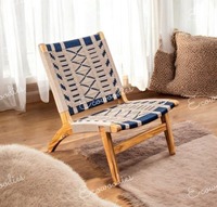 Fauteuil lounge d'appoint en bois de teck moderne de bonne qualité, tressé en corde, pour intérieur et extérieur, couleur bleu et blanc, personnalisable pour chambre et parc