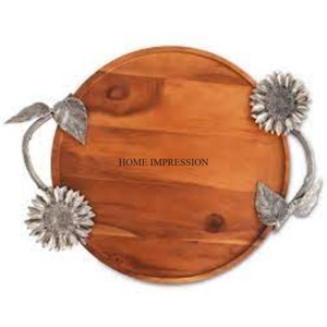 Plateau en bois de mangue de forme ronde avec aluminium moulé argent et blanc couleur fleurs Designer poignées Table pièce maîtresse fournitures - Product Image 5