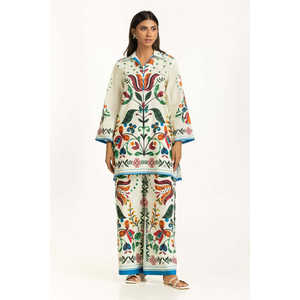 Ensemble coordonné bohème en coton blanc cassé imprimé avec tissu slub, hauts à manches trois-quarts, tailles XS à 3XL, pour tenues printemps/été, 3 pièces - Product Image 1