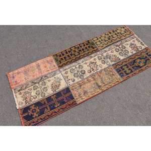 Nouveau Tapis Vintage 2.1x5ft Beige en Laine et Latex Écologique, Fait Main Turc, Grand Format, Abstrait, Rectangulaire, Motif Patchwork pour Couloir - Product Image 2