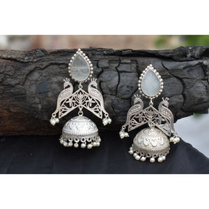 new design handmade traditional silver look alike brass stone <b>stud</b> big jhumka hoop earing for <b>girls</b> and women - Product Image 2