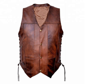 Gilet de moto en cuir de vache brun vieilli, 10 poches, fermeture à lacets latéraux, boutons-pression, toucher doux, vêtement d'extérieur en cuir véritable pour l'automne - Product Image 1