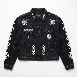 Veste en jean coupe ample pour homme, personnalisée, écologique, coupe-vent, avec broderie patchwork et finition vieillie, style streetwear, OEM ODM - Product Image 1