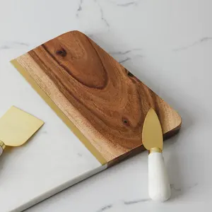 Plateau de service à fromage en marbre et bois d'acacia de qualité supérieure pour le fromage, les viandes, les apéritifs et la cuisine domestique | Fournisseur en gros OEM - Product Image 3
