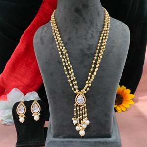 Uncut Glass Kundan And Pearls <b>Long</b> <b>Necklace</b> Set Layered Style Anti Tarnish And Skin Friendly Ideal For Both Casual & Formal Wear - Product Image 2