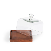Dôme en verre carré avec base en bois artisanale, fabricant et grossiste de vaisselle pour gâteaux