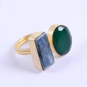 Uniquely Designed 18K Gold <b>Silver</b> Double <b>Band</b> <b>Ring</b> 14K Purity with Lapis Lazuli Green Onyx Stone & Diamond for Weddings Parties - Product Image 1