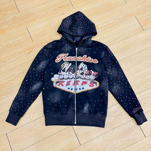 Sweat à capuche zippé surdimensionné vintage personnalisé en tissu French Terry avec motif graphique diamant, sans poche ni cordon, effet délavé soleil et strass - Product Image 6