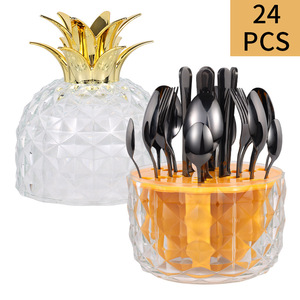Juego de cubiertos de acero inoxidable de 24 piezas con diseño de piña creativa, cuchillo, tenedor y cuchara, color dorado, para mesa, transfronterizo - Product Image 6