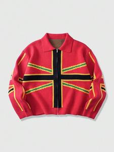 Cárdigan de punto jacquard con cuello polo y cremallera completa para <span class=keywords><strong>hombre</strong></span>, diseño de cruz roja, ajuste holgado, negro, amarillo, verde, estilo urbano, logotipo personalizado - Product Image 1