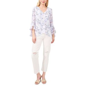 วินซ์ คามูโตเสื้อสตรีทรงหลวม 3/4 แขนเสื้อคอวีลายดอกไม้เสื้อชีฟองพิมพ์ลายเสือดาวสไตล์เกาหลี XS XL สีขาว - Product Image 3