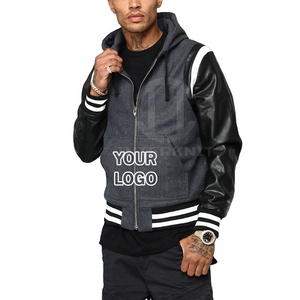 Veste varsity en laine pour homme, style streetwear d'hiver, avec manches en cuir, imprimé géométrique et dessin animé, à capuche, personnalisable - Product Image 1