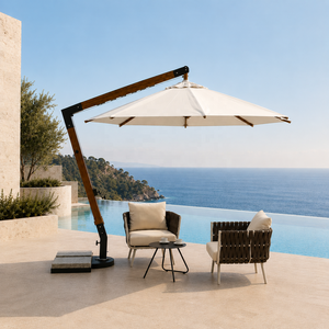 Parasols <span class=keywords><strong>de</strong></span> piscine extérieurs modernes pour hôtels, ensemble <span class=keywords><strong>de</strong></span> parasols cantilever en aluminium à grain <span class=keywords><strong>de</strong></span> bois, base en marbre <span class=keywords><strong>de</strong></span> 160 kg, imperméables et résistants au vent - Product Image 1