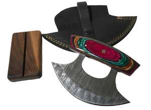 Cuchillos Ulu de Estilo Tradicional con Hoja de Damasco Hecha a Mano, Mango de Madera Multicolor, Funda de Cuero, Base de Madera Hecha a Mano, OEM ODM - Product Image 6