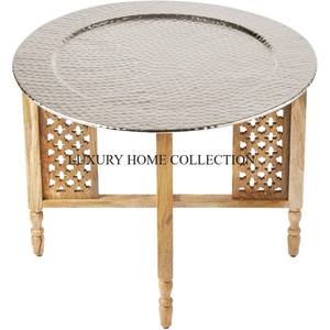 Plateau en laiton gaufré avec pieds en bois Table d'appoint marocaine Accessoires de meubles Maison Table basse d'appoint marocaine à vendre - Product Image 5