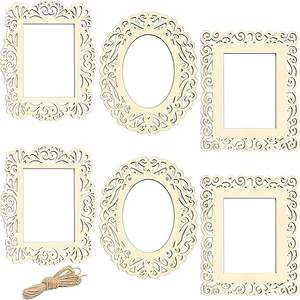 6 piezas de artesanías de marco de fotos de madera DIY, marcos de fotos ahuecados de madera sin terminar con cuerdas - Product Image 1