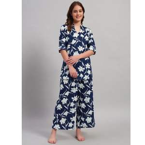 Ensemble Kurti Palazzo en coton floral de qualité supérieure pour femmes, avec fente courte, pour l'été |   Tissu respirant |   Vêtements ethniques décontractés à motifs boutonnés - Product Image 1