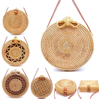 Tas Clutch Wanita Anyaman Rotan Vintage Buatan Tangan Warna Alami Lapisan Katun Dekorasi Kancing Pengunci Pita untuk Musim Panas dan Pantai MPL