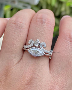 Bezel <b>Set</b> 2 Ct Elongated Marquise Moissanite Engagement <b>Ring</b> with Wedding Band Dainty Moissanite Bridal <b>Set</b> <b>for</b> <b>Women</b> - Product Image 2