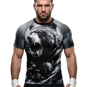 T-shirt de sport ajusté à manches courtes pour homme, imprimé ours, séchage rapide, pour entraînement MMA BJJ, en polyester et élasthanne - Product Image 1