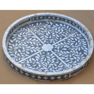 Bandeja con incrustaciones de hueso Bandeja de servicio hecha a mano Incrustaciones de hueso de lujo Ramadán Desayuno Comida Fruta Café Té Bandeja decorativa - Product Image 3