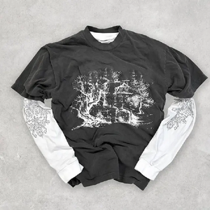 Camiseta de manga larga térmica de doble capa con estampado DTG personalizado de fábrica de alta calidad, Camiseta de algodón con lavado ácido - Product Image 1