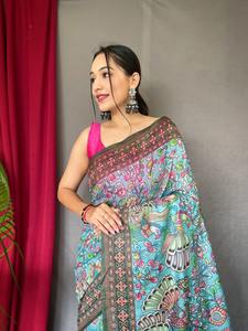 Ropa de boda de diseñador de aspecto elegante, Malai sari de algodón puro con blusa con estampado y fabricante de trabajo Kalamkari DE LA India - Product Image 2
