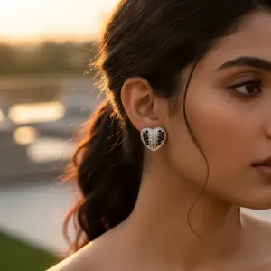 Boucles d'oreilles clous tendance en argent plaqué or 18 carats avec pierres précieuses taille poire noires et blanches pour fiançailles - Product Image 3