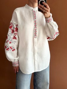 Blusa bordada popular ucraniana Top cultural hecho a mano en lino blanco con bordado tradicional gris rojo cintura Natural - Product Image 5
