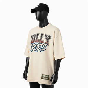 Camiseta Holgada para Hombre, Talla Grande, Algodón Jersey de Alta Calidad de 220 GSM, Transpirable, Color Beige, Estilo Urbano, Impresión de Pantalla, Logotipo Personalizado - Product Image 4