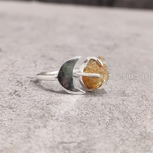 Bague pour femme en argent sterling 925, pierre précieuse citrine naturelle, pierre de naissance de novembre, croissant de lune, bijoux faits à la main, Noël - Product Image 1