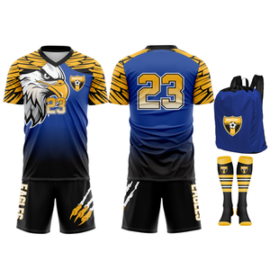 Tenue de football personnalisée OEM avec motif faucon sublimé, 100 % polyester, avec sac et chaussettes, sur mesure avec nom et numéro d'équipe imprimés - Product Image 1