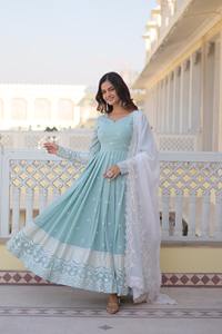 Robe Anarkali de créateur dernier cri en fausse georgette brodée, costume à motifs imprimés pour femmes, robe de mariage en organza pour adultes - Product Image 2