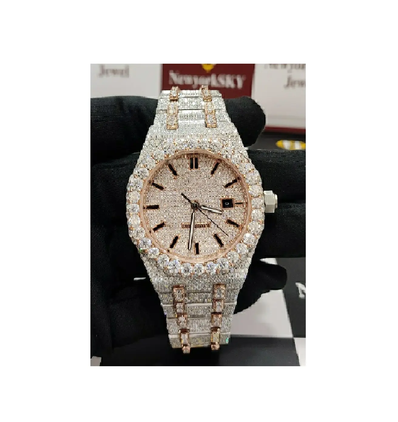 En iyi fiyat 41mm buzlu Out saatler lüks otomatik hareket paslanmaz çelik buzlu Out Hip Hop VVS Moissanite erkek kadın için saatler