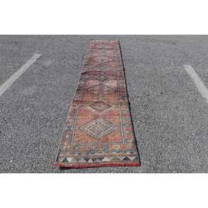 พรมวินเทจตุรกี ขนาด 2.4x11.4 ฟุต พรมเฮอร์กี สีน้ำตาลแดงลายตารางหมากรุก ทำจากขนสัตว์ - Product Image 1