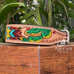 Usine directe en cuir usiné à la main perlé réglable et rembourré en cuir de vachette véritable collier de chien robuste Durable colliers pour animaux de compagnie - Product Image 1