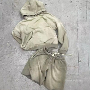 Sweat à capuche et short délavés à l'acide vierge en polaire unie de haute qualité personnalisés en gros Survêtement deux pièces unisexe court à capuche - Product Image 1