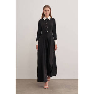 Robe droite élégante avec bordure noire, col rabattu, manches longues, coupe confortable - Product Image 1