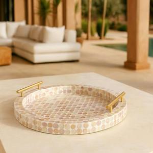 Plateau rond en incrustation de nacre avec poignées Plateau de service décoratif fait main - Product Image 2