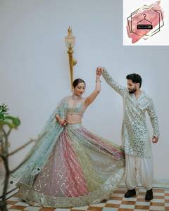 Lehenga Shaadi Spécial, Élégant, Multicolore, Entièrement Cousu, en Faux Georgette, avec Fil, Paillettes et Bordure en Dentelle sur Quatre Côtés - Product Image 2