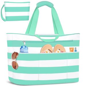 Grand sac fourre-tout de plage rayé en polyester imperméable à grande capacité avec fermeture éclair, pour femme, en mélange de lin, décontracté, à porter à l'épaule, pour le shopping - Product Image 1