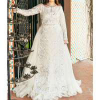 Tissu en filet cousu de couleur blanche, style de robes malaisiennes, broderie complète sur le devant avec pantalon Jamawar