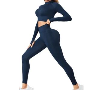 Costume de yoga sans couture pour femme avec manches longues taille haute collants de sport de levage de hanche pantalon tricoté - Product Image 6