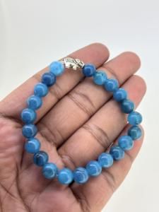 Natural Blue Apatite <b>Sterling</b> <b>Silver</b> Smooth Round <b>Beaded</b> Women's Luxury Gift <b>Bracelet</b> 8mm Anxiety Relief - Product Image 3