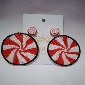 Radiate Festive Elegance with Christmas Red & White Round Shape Beaded Earrings: Handcrafted Holiday Jewelry for Women
