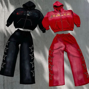 Ensemble de survêtement décontracté personnalisé avec strass, fermeture à cordon, sweat à capuche et pantalon de jogging en molleton 100 % coton - Product Image 1