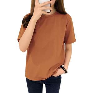 เสื้อยืดคอกลมแนววินเทจของผู้หญิงเสื้อ100% คอกลมผ้าฝ้ายคอมบ์ซักไว้ล่วงหน้าผ้าเจอร์ซี่แบบธรรมดากระดุม50สีธรรมชาติ - Product Image 5