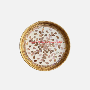 Plateau de service rond en rotin de qualité fine avec incrustation de nacre élégant plateau de Table basse décoratif pour la décoration intérieure et le stockage - Product Image 1