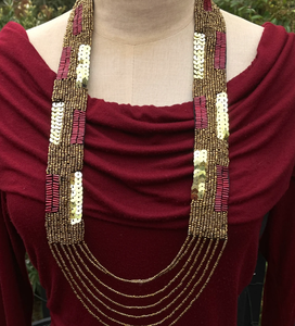 Infinity Scarf <b>Necklace</b> a Boho Bohemian <b>Statement</b> Handcrafted with Bronze Beads and Sequins Embroidered Fringe Beaded Bandana - Product Image 1